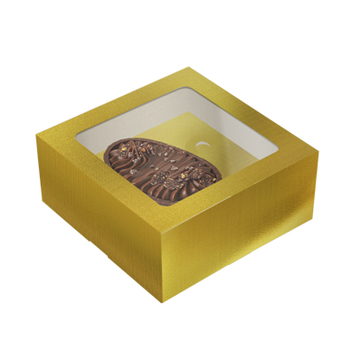 Caixa Basic Ovo de Colher 100/150G com Tampa e Visor Laminada Ouro – Páscoa Essencial