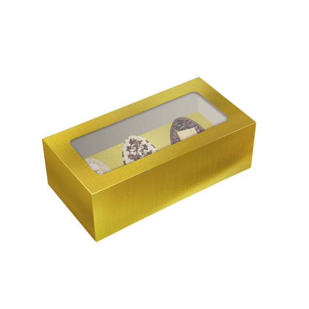 Caixa Basic 3 Mini Ovos 50G com Tampa e Visor Laminada Ouro – Páscoa Essencial