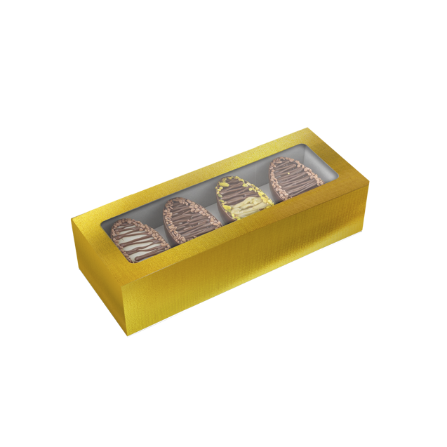 Caixa Basic 4 Mini Ovos 50G com Tampa e Visor Laminada Ouro – Páscoa Essencial